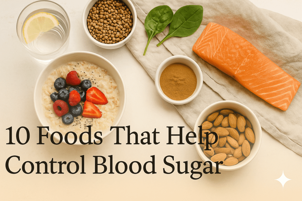 A flat lay of healthy foods that help control blood sugar, including oats, berries, salmon, nuts, and leafy greens on a wooden table.