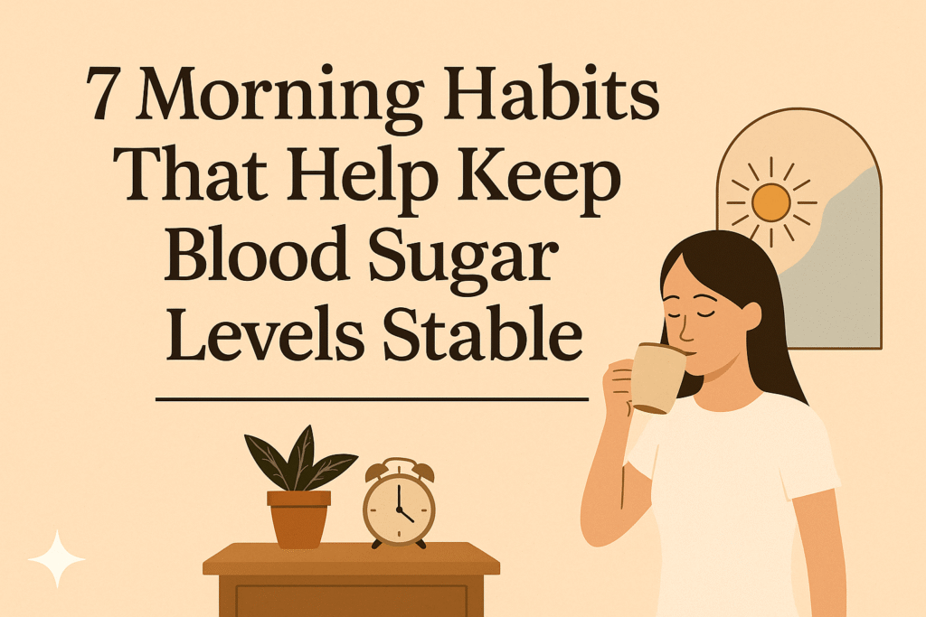 Illustration of a woman meditating with calm expression, representing stress relief and stable blood sugar