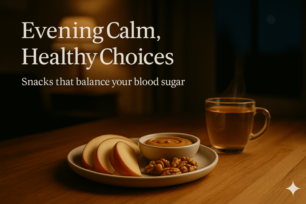 A cozy evening scene in a softly lit kitchen featuring apple slices, almond butter, walnuts, and a warm cup of chamomile tea with steam rising, symbolizing relaxation and healthy snacking.