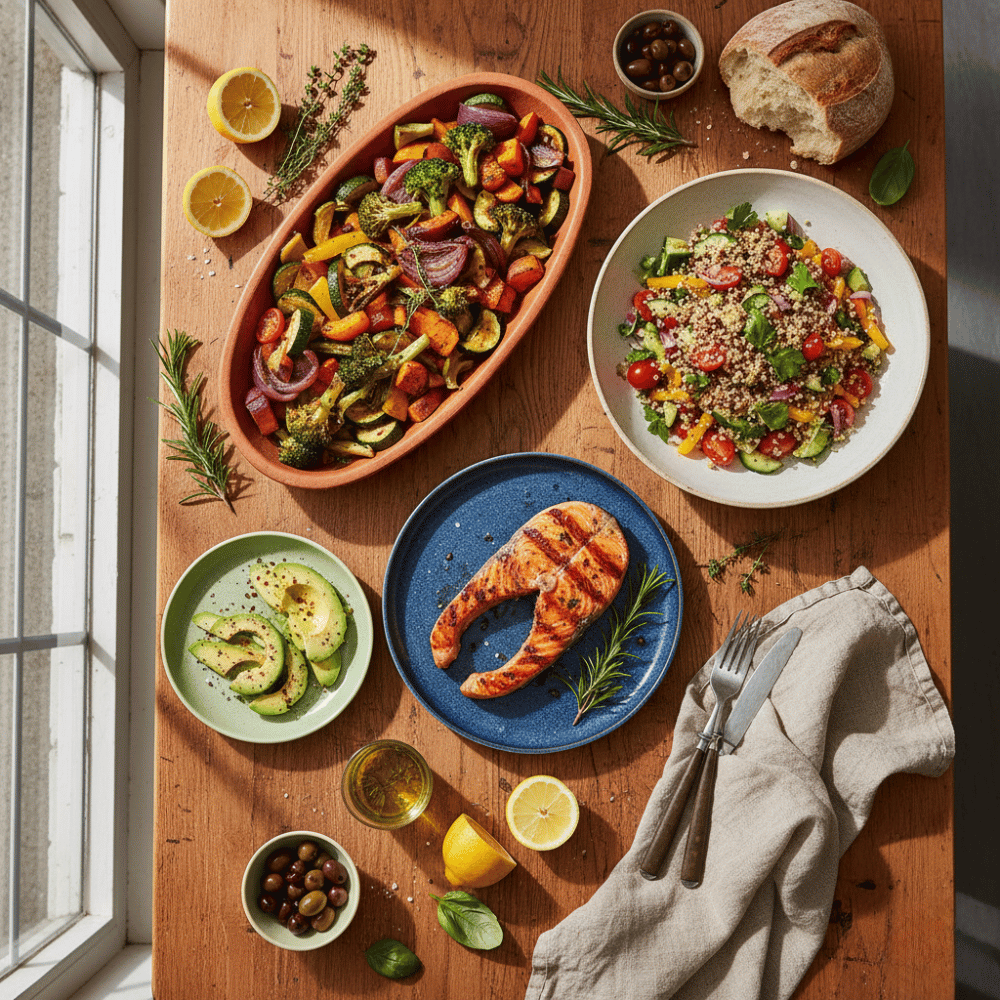 Overhead view of a colorful Mediterranean-style lunch with grilled salmon, quinoa salad, avocado, and roasted vegetables on rustic plates, decorated with fresh herbs and lemon wedges.