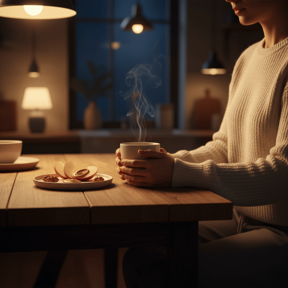 A person in casual clothes holding a cup of chamomile tea at a wooden table with apple slices, almond butter, and walnuts, in a cozy evening kitchen setting.