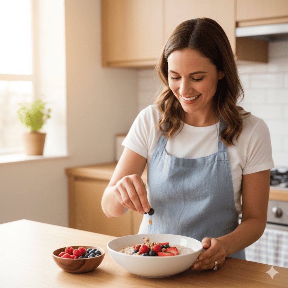 Smiling woman preparing a bowl of oatmeal topped with fresh berries and nuts in a bright modern kitchen, healthy breakfast for blood sugar control.