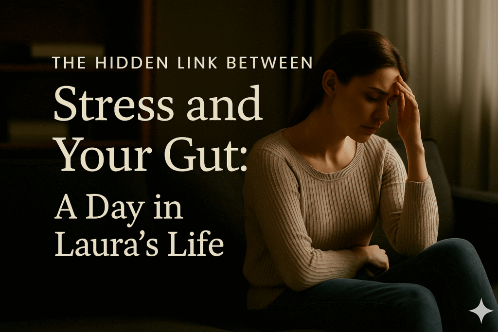 Woman sitting on a couch with her hand on her forehead, looking stressed, representing the connection between stress and gut health.