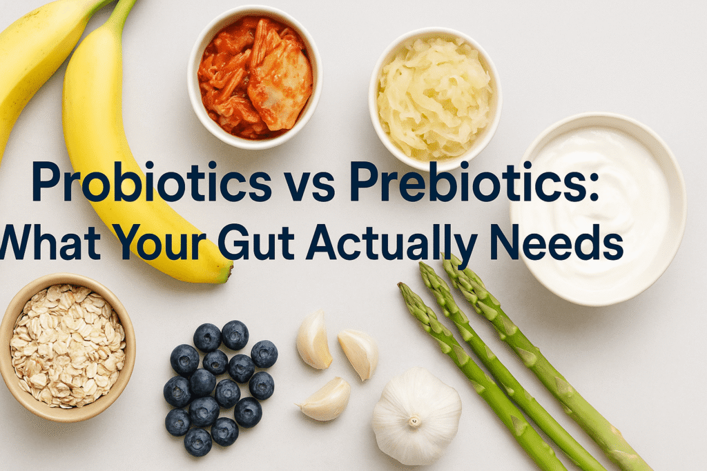 Flat lay of probiotic and prebiotic foods including yogurt, kimchi, sauerkraut, oats, bananas, asparagus, garlic, and berries with title overlay “Probiotics vs Prebiotics: What Your Gut Actually Needs