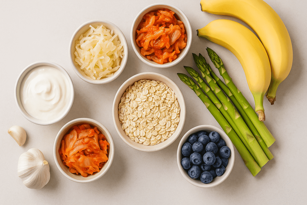 Overhead photo of probiotic and prebiotic foods on a neutral background, including yogurt, kimchi, sauerkraut, oats, bananas, asparagus, garlic, strawberries, and blueberries.