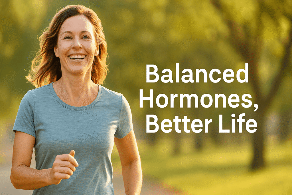 Smiling healthy woman in her 40s jogging outdoors in morning sunlight, representing balance, energy, and vitality. Text overlay reads “Balanced Hormones, Better Life.”