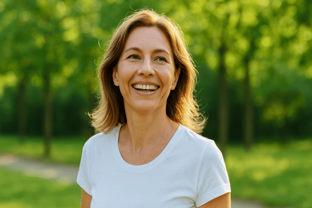 Smiling middle-aged woman with light brown hair wearing a white shirt, standing outdoors in a green park during morning sunlight, representing vitality, balance, and positive mood.