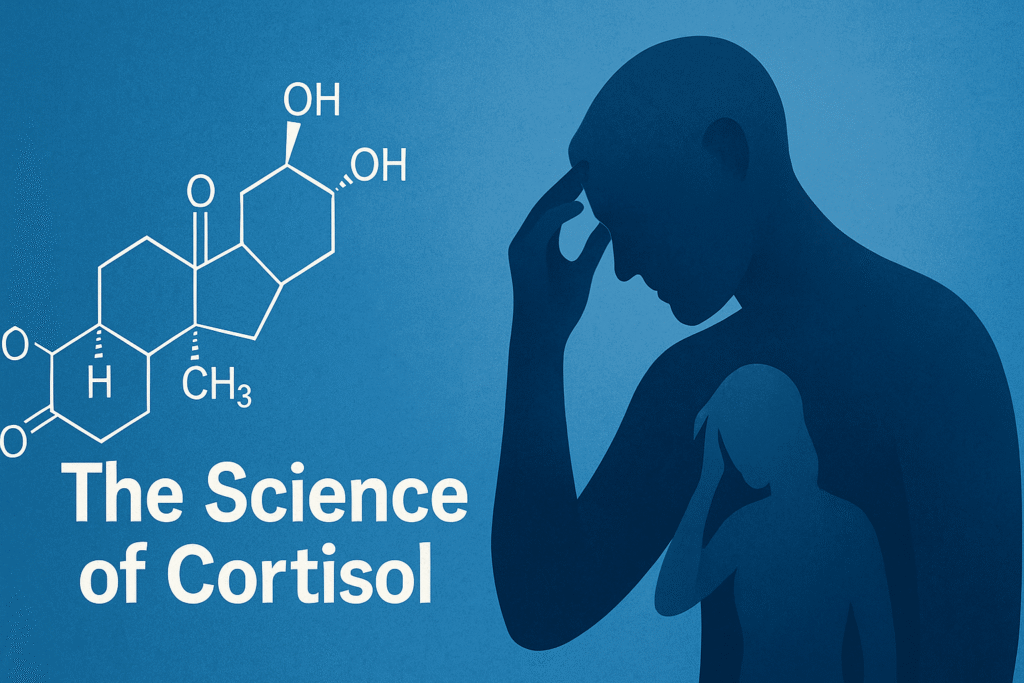 Scientific illustration of cortisol hormone molecule integrated with a human silhouette under stress. Text overlay reads “The Science of Cortisol.”