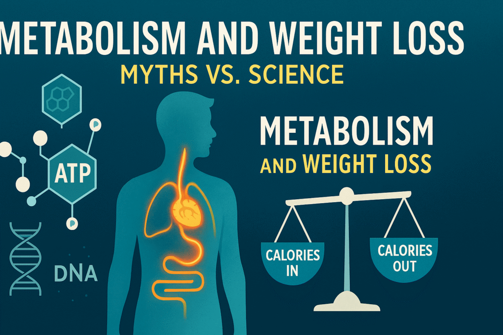 Scientific infographic showing human silhouette with glowing metabolism pathways, ATP and DNA molecular icons, and a balance scale labeled “Calories In vs Calories Out.” Text overlay reads “Metabolism and Weight Loss: Myths vs. Science.”