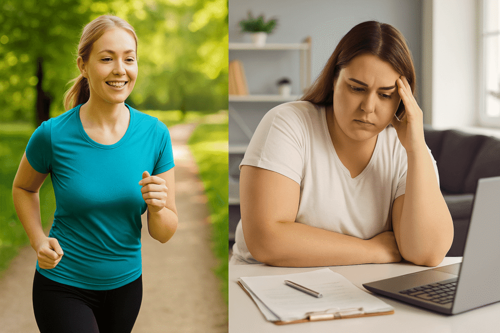 Split-screen photo comparing two lifestyles: on the left, a smiling woman jogging outdoors in a sunny park, representing an active and healthy lifestyle; on the right, a tired woman sitting indoors at a desk with a laptop and papers, holding her head in her hand, representing a sedentary and stressed lifestyle.