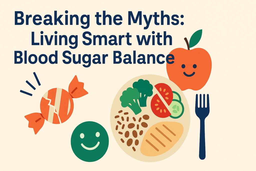Flat-style illustration showing broken candy, a smiling apple, and a balanced plate with vegetables, grains, and protein, symbolizing the myths and truths about diabetes and blood sugar. Text overlay reads “Breaking the Myths: Living Smart with Blood Sugar Balance.”