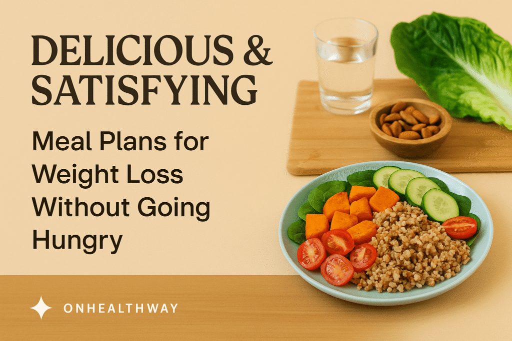 Digital graphic with the text 'Delicious & Satisfying: Meal Plans for Weight Loss Without Going Hungry' alongside a plate of quinoa, cucumbers, spinach, cherry tomatoes, and sweet potato. A small bowl of almonds and a glass of water sit on a wooden board in the background.