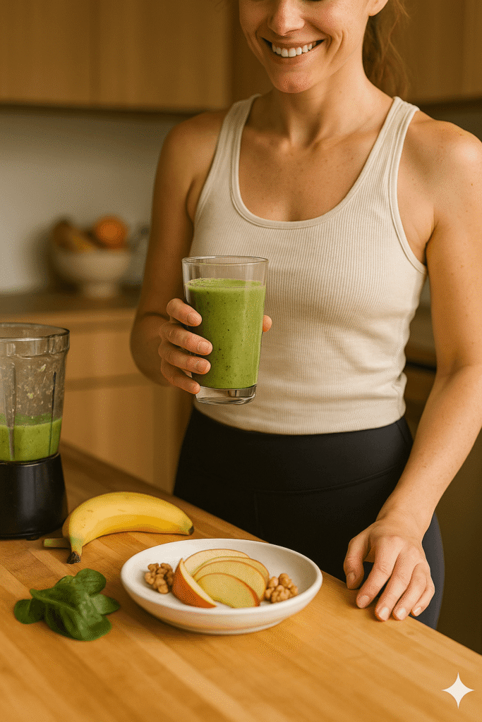 A smiling fit woman in athletic wear drinks water from a clear bottle while holding a yoga mat in her arm, standing outdoors on a sunny day, symbolizing healthy habits and active lifestyle.