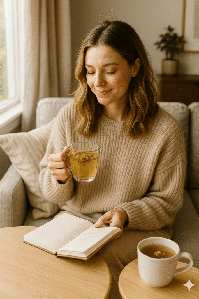 A relaxed woman sitting on a sofa, holding a warm cup of chamomile tea, with a notebook on her lap in a softly lit living room, symbolizing stress relief and hormonal balance