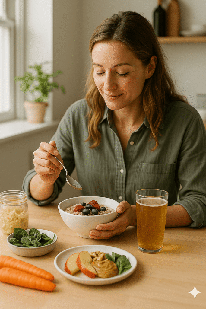 A young woman with long brown hair sits at a wooden kitchen table, smiling while eating a bowl of oatmeal with berries. On the table are a glass of kombucha, sauerkraut in a jar, carrots, spinach, and apple slices with nut butter, symbolizing gut health and balanced energy.