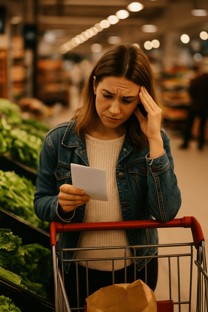 Young woman at a grocery store looking stressed while holding a shopping list, symbolizing how daily stress and decisions can affect digestion and hormone balance.